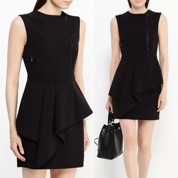 BCBGMaxAzria Black Nikki Zip Front Peplum Mini Dress 10 Stretchy Ponte Y2K $298 - Picture 1 of 14
